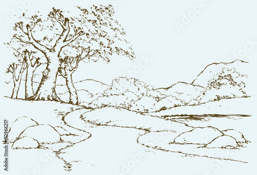 Mountain landscape with oak trees. Vector drawing