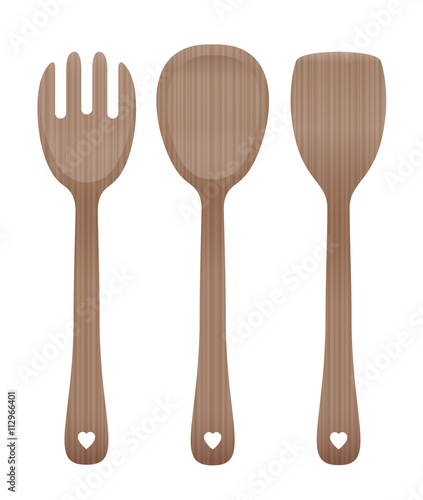 Salad servers - wooden cutlery set - fork, spoon and spatula with blanked out hearts on the handles. Vector illustration on white background.