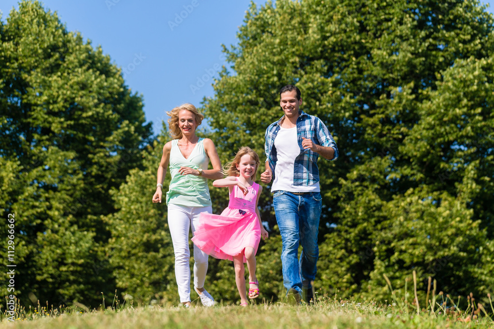 Familie spielt Fangen im Sommer auf Weise Familie spielt Fangen im Sommer auf Weise