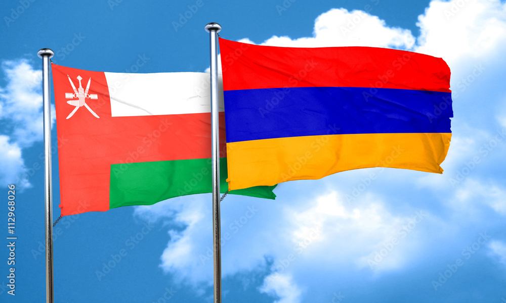 Oman flag with Armenia flag, 3D rendering Oman flag with Armenia flag, 3D rendering
