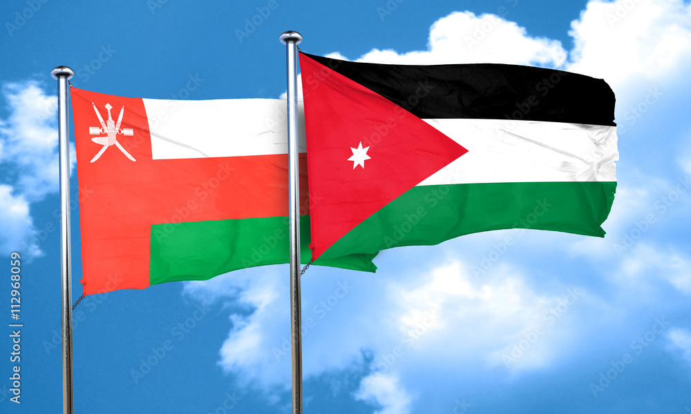 Oman flag with Jordan flag, 3D rendering Oman flag with Jordan flag, 3D rendering
