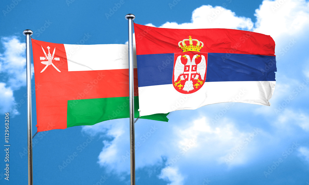 Oman flag with Serbia flag, 3D rendering Oman flag with Serbia flag, 3D rendering