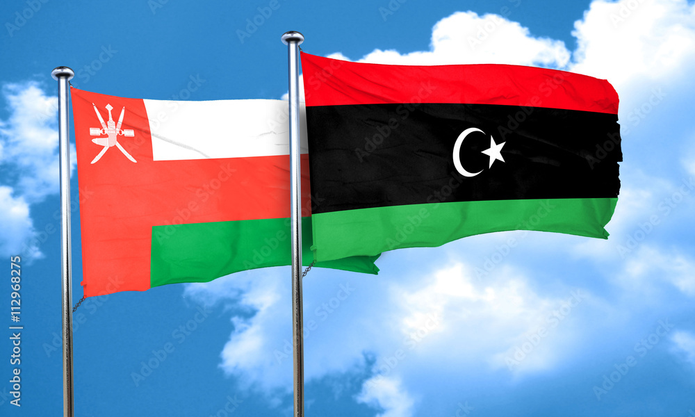 Oman flag with Libya flag, 3D rendering Oman flag with Libya flag, 3D rendering