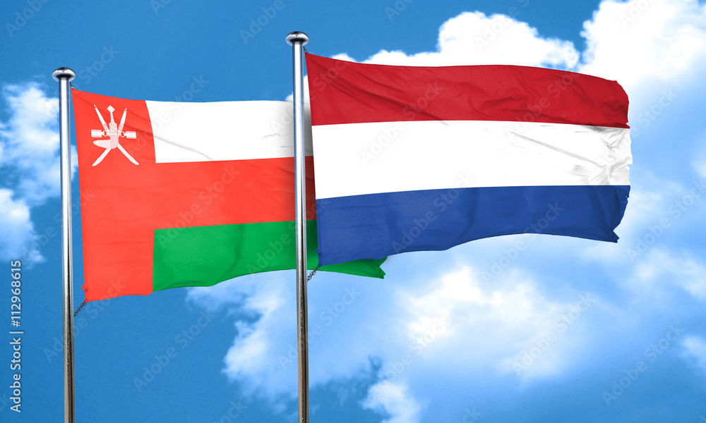 Oman flag with Netherlands flag, 3D rendering Oman flag with Netherlands flag, 3D rendering