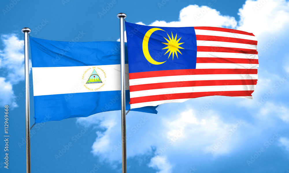 nicaragua flag with Malaysia flag, 3D rendering nicaragua flag with Malaysia flag, 3D rendering