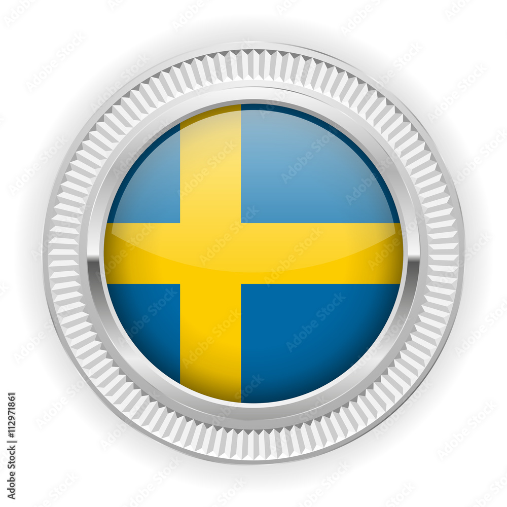 Obraz premium Runder Button mit schwedische Flagge und silber Rand