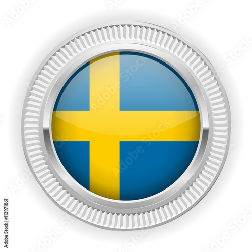 Runder Button mit schwedische Flagge und silber Rand