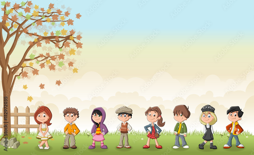 Green grass landscape with cute cartoon kids.
Green grass landscape with cute cartoon kids.