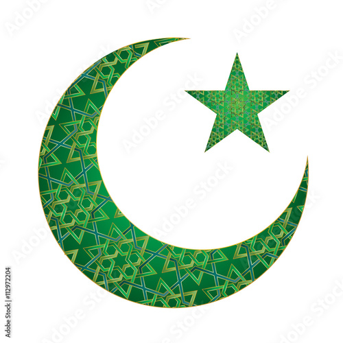 Islamic muslim holiday celebration green abstract modern background with glowing textured crescent with a star, symbols of Islam