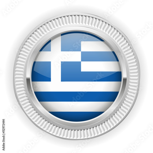 Runder Button mit griechische Flagge und silber Rand