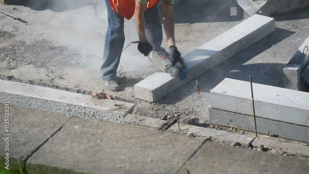 Road worker saws curb angle grinder Road worker saws curb angle grinder