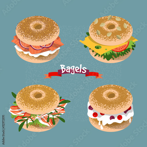 Set of 4 bagels with various topping.