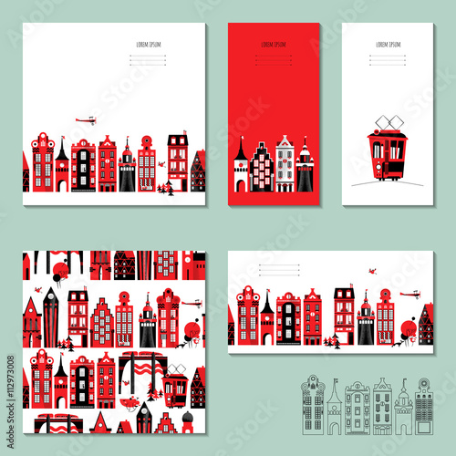 Set of 5 universal cards with old European style buildings. Template. Business card, special event, invitation, housewarming party. 