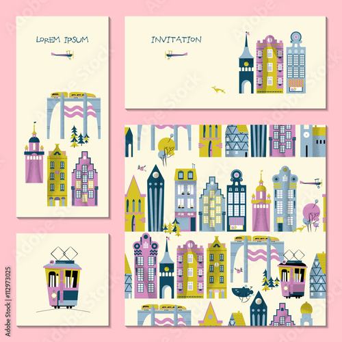 Set of 4 universal cards with old European style buildings. Template. Birthday, anniversary, children’s party, special event, invitation. 