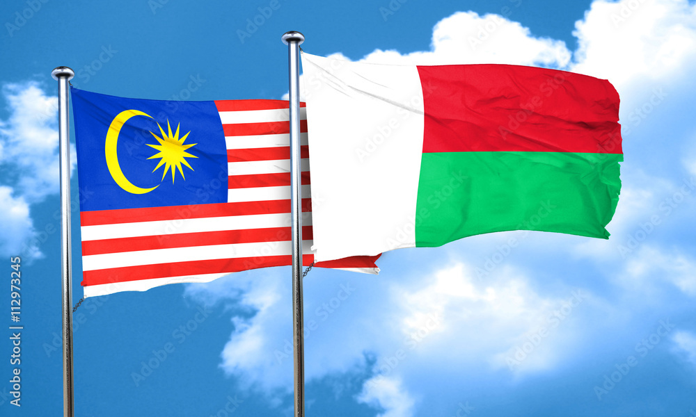 Malaysia flag with Madagascar flag, 3D rendering