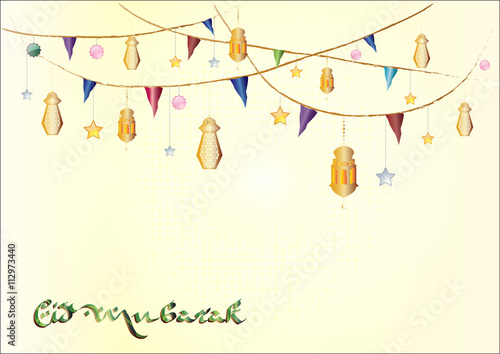 Eid Mubarak - colorful eid lanterns hanging from the ropes with decorations, stars and holiday flags. Al-Adha eid festival.