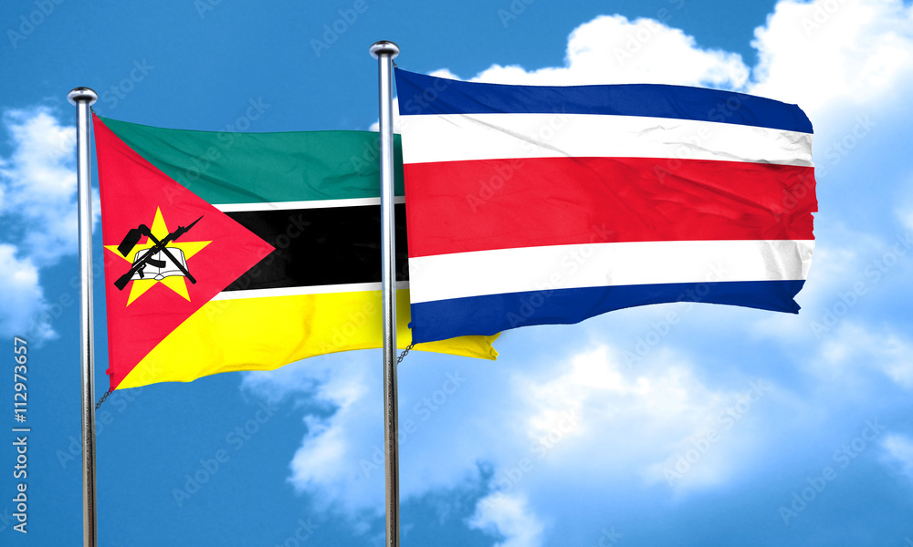 Mozambique flag with Costa Rica flag, 3D rendering Mozambique flag with Costa Rica flag, 3D rendering