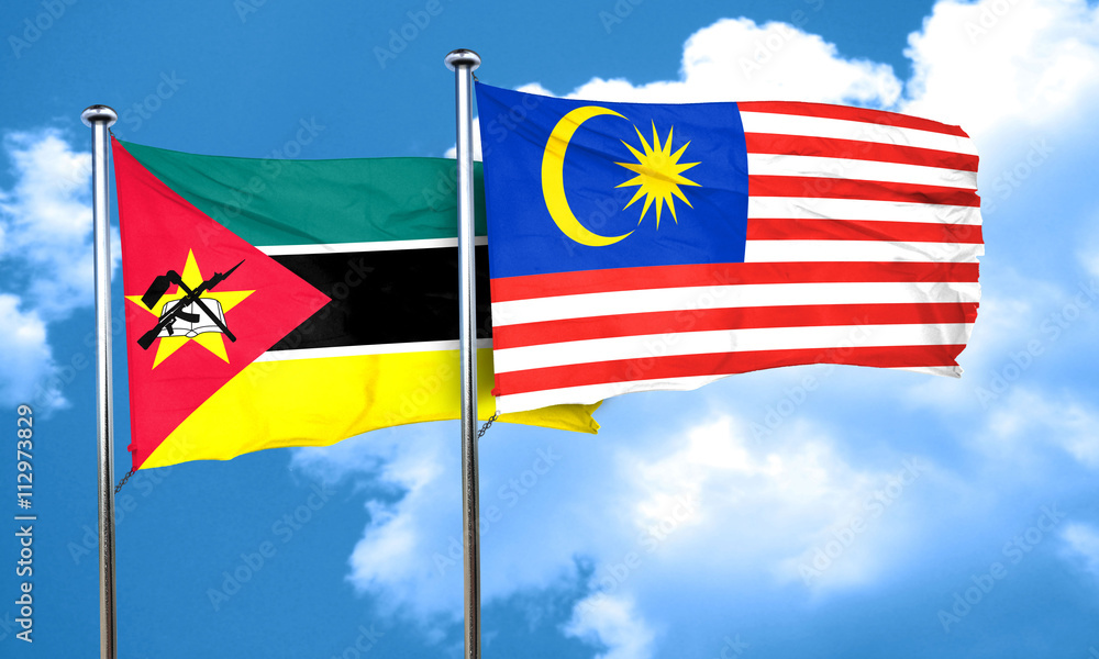 Mozambique flag with Malaysia flag, 3D rendering Mozambique flag with Malaysia flag, 3D rendering