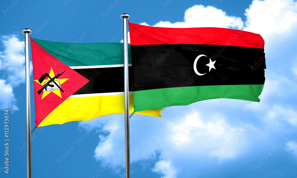 Mozambique flag with Libya flag, 3D rendering Mozambique flag with Libya flag, 3D rendering
