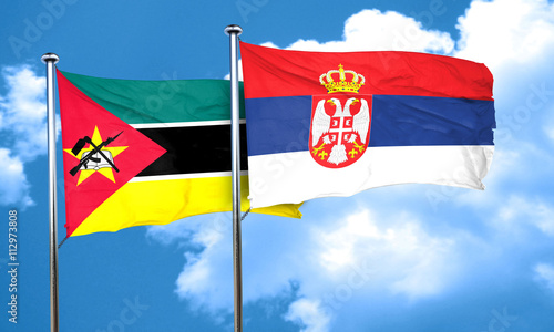 Mozambique flag with Serbia flag, 3D rendering