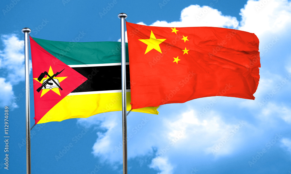 Mozambique flag with China flag, 3D rendering Mozambique flag with China flag, 3D rendering