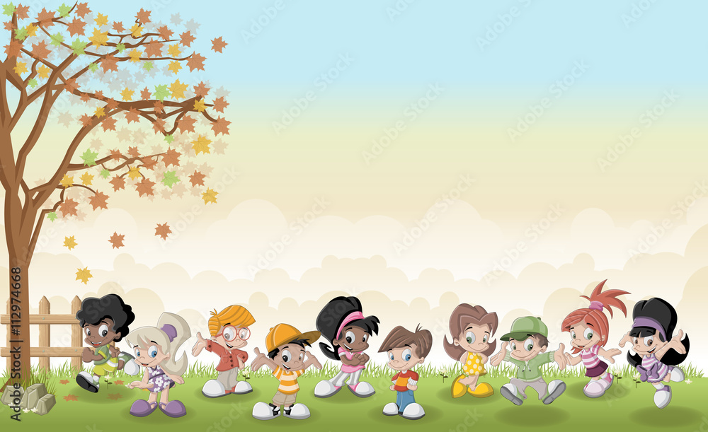 Fototapeta premium Green grass landscape with cute cartoon kids. 