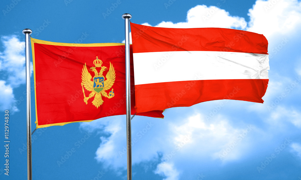 Montenegro flag with Austria flag, 3D rendering Montenegro flag with Austria flag, 3D rendering