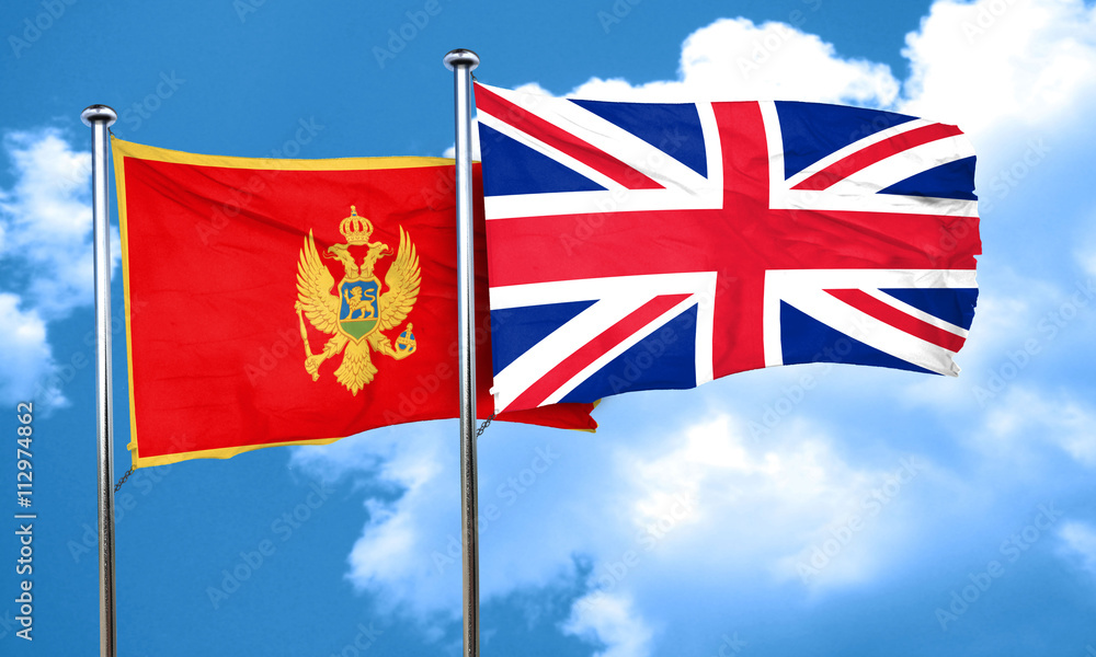 Montenegro flag with Great Britain flag, 3D rendering