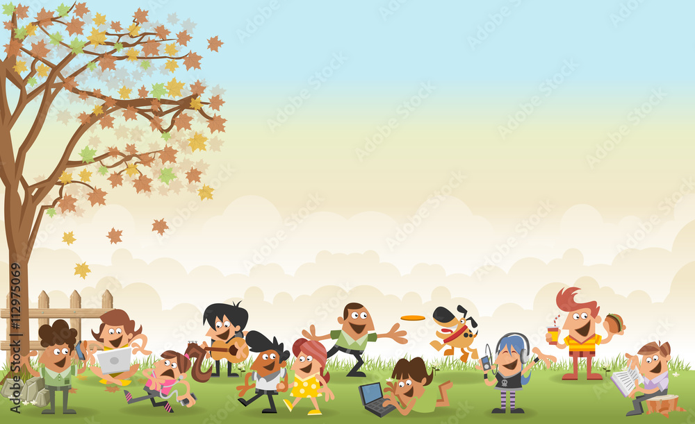 Green grass landscape with cute cartoon people
Green grass landscape with cute cartoon people
