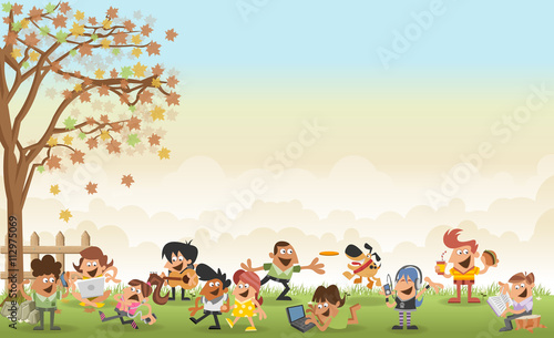 Green grass landscape with cute cartoon people
