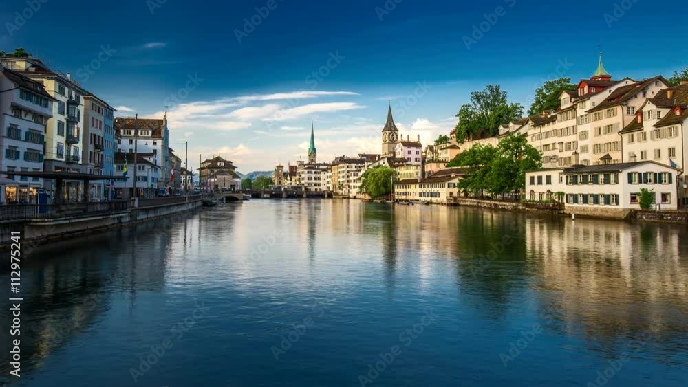 View of historic Zurich city center with famous Fraumunster Church, Limmat river and Zurich lake