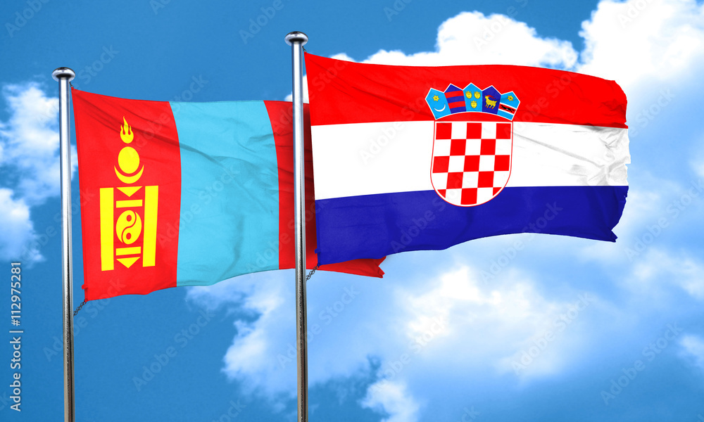 Mongolia flag with Croatia flag, 3D rendering