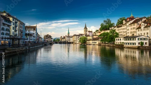 View of historic Zurich city center with famous Fraumunster Church, Limmat river and Zurich lake photo