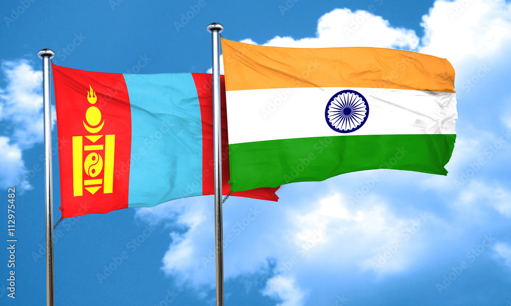 Mongolia flag with India flag, 3D rendering Mongolia flag with India flag, 3D rendering