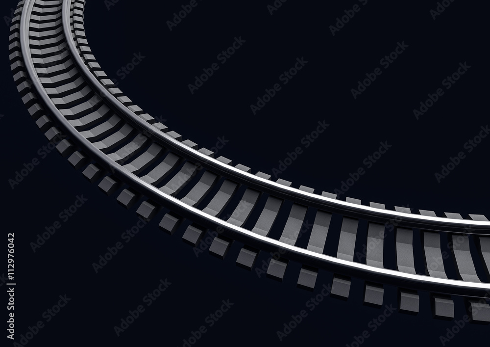 3D Illustration of a Single curved railroad track on dark