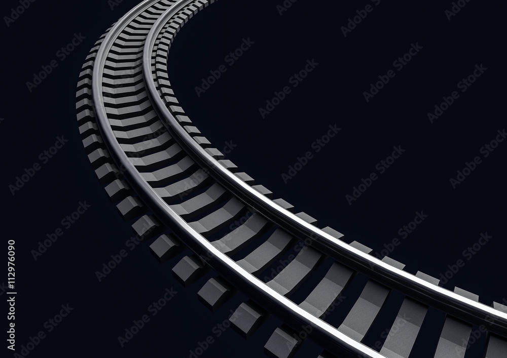 3D Illustration of a Single curved railroad track on dark