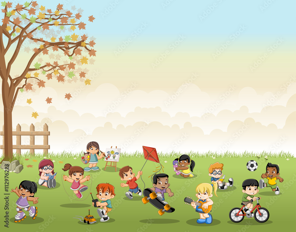 Fototapeta premium Green grass landscape with cute cartoon kids playing. Sports and recreation.