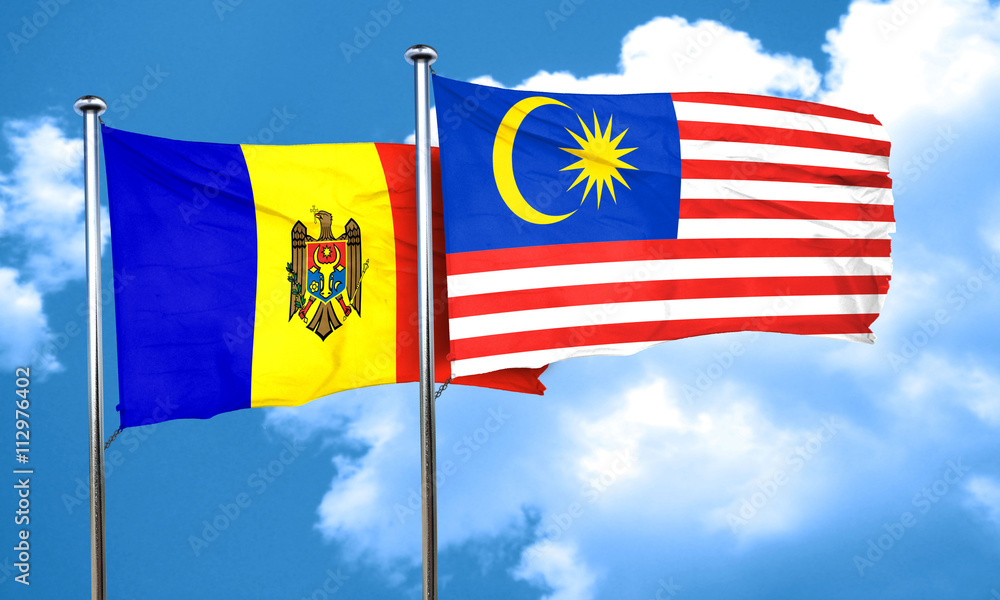 Moldova flag with Malaysia flag, 3D rendering Moldova flag with Malaysia flag, 3D rendering