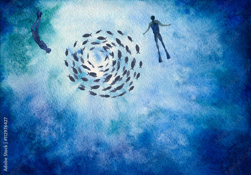 Photo & Art Print hand painted watercolor background of underwater ...