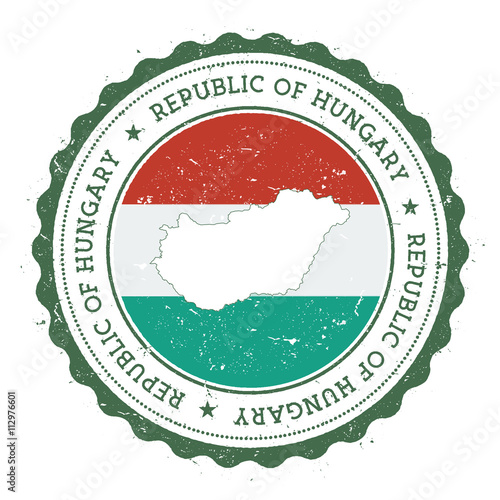 Hungary map and flag in vintage rubber stamp of state colours. Grungy travel stamp with map and flag of Hungary. Country map and flag vector illustration.