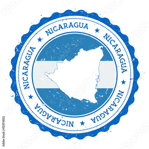 Nicaragua map and flag in vintage rubber stamp of state colours. Grungy travel stamp with map and flag of Nicaragua. Country map and flag vector illustration.