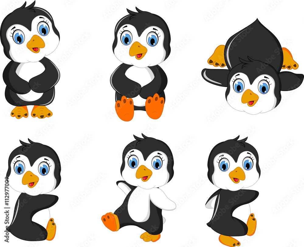 Naklejka premium młody pingwin kreskówka zestaw pozowanie