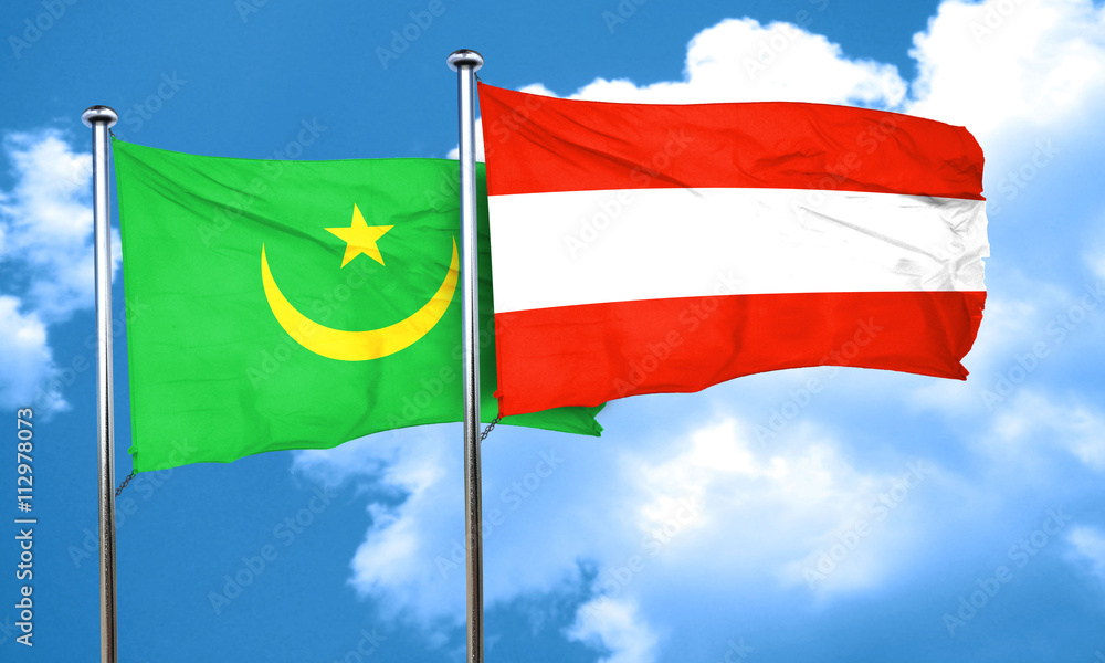 Mauritania flag with Austria flag, 3D rendering Mauritania flag with Austria flag, 3D rendering
