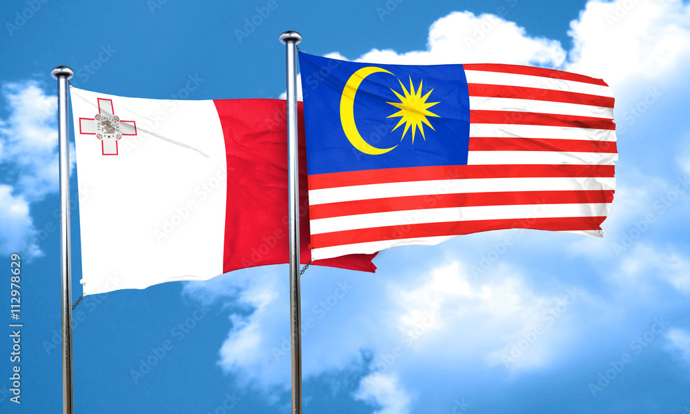 Malta flag with Malaysia flag, 3D rendering Malta flag with Malaysia flag, 3D rendering
