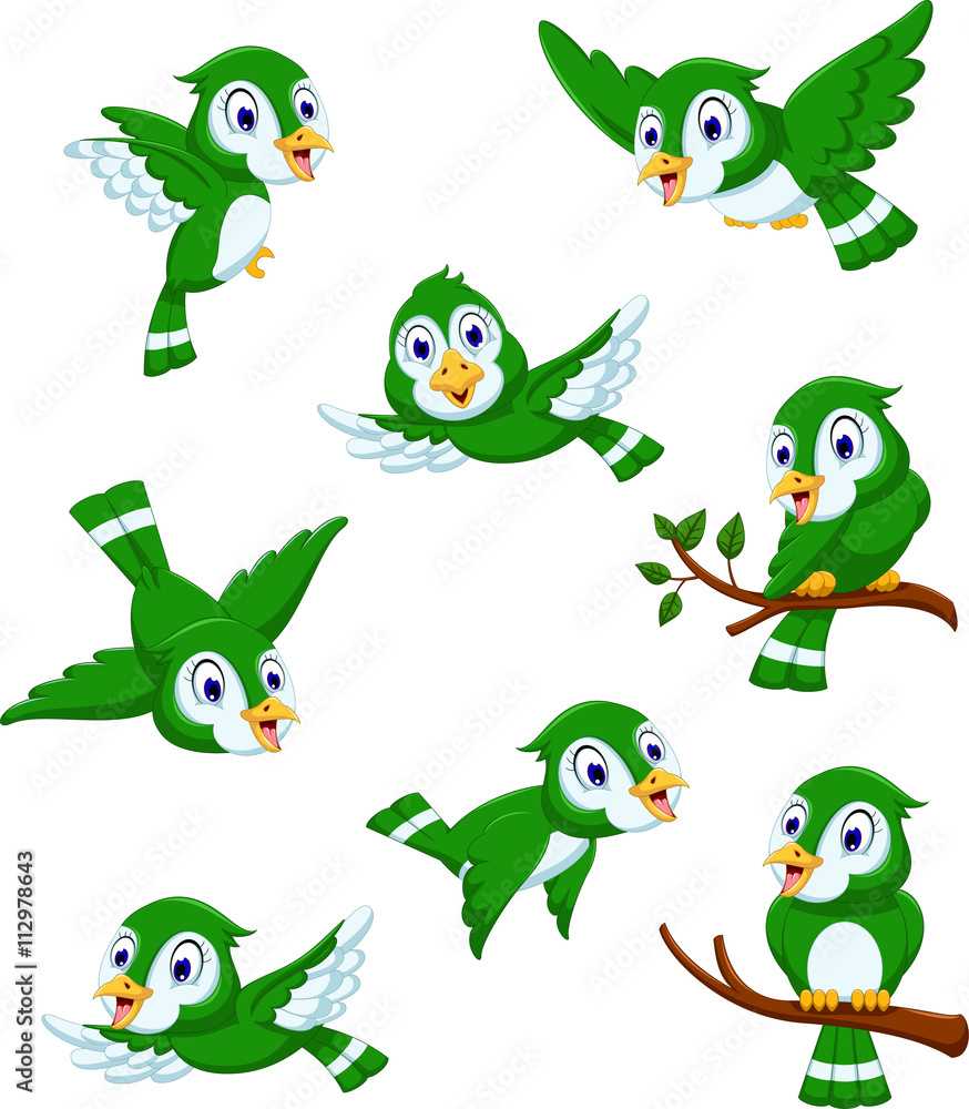 set of Cute green bird cartoon posing set of Cute green bird cartoon posing