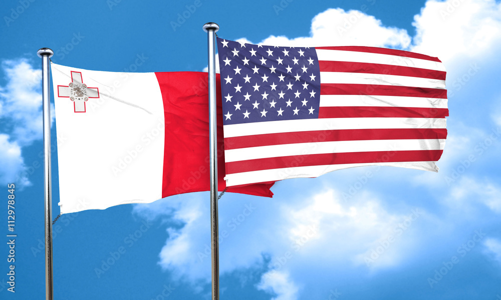 Malta flag with American flag, 3D rendering Malta flag with American flag, 3D rendering