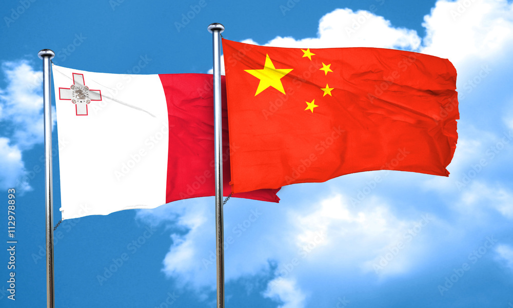 Malta flag with China flag, 3D rendering Malta flag with China flag, 3D rendering