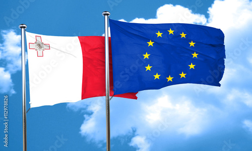 Malta flag with european union flag, 3D rendering