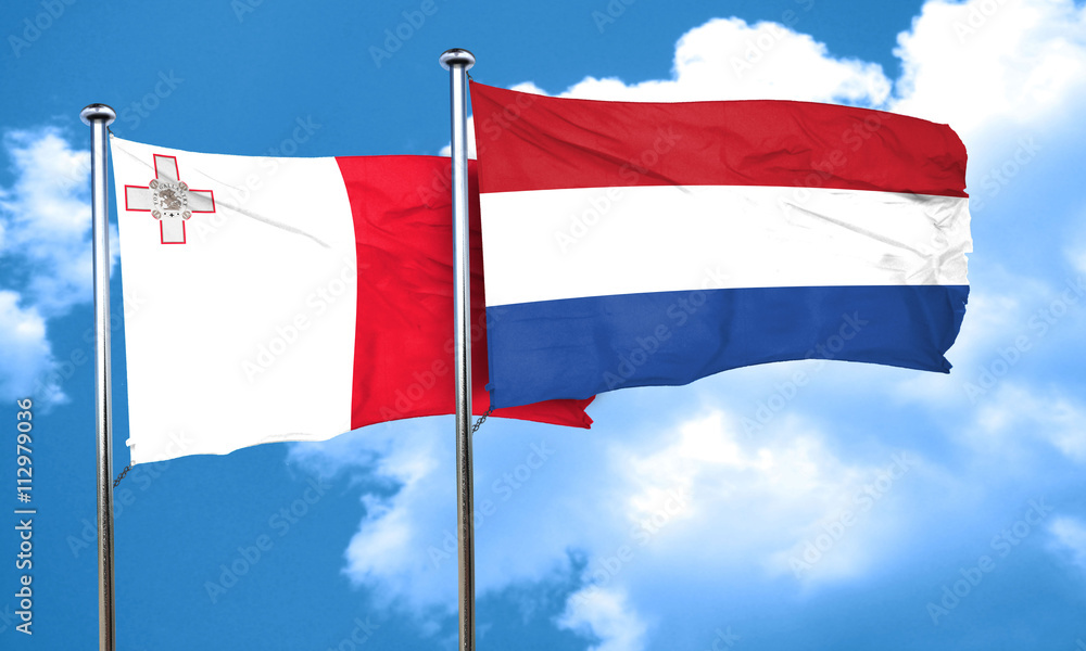 Malta flag with Netherlands flag, 3D rendering Malta flag with Netherlands flag, 3D rendering