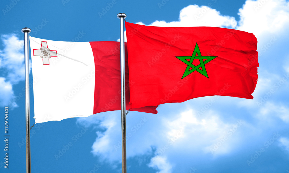 Malta flag with Morocco flag, 3D rendering Malta flag with Morocco flag, 3D rendering